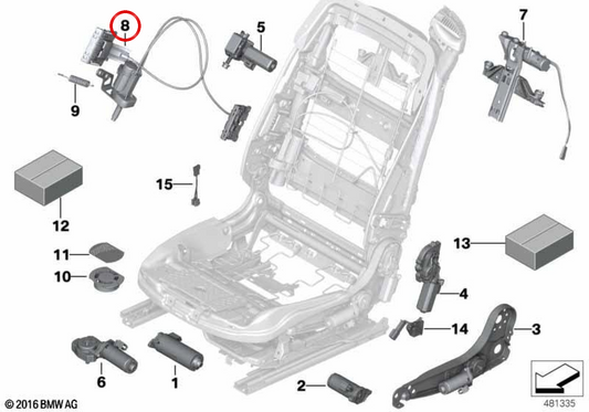 Motor ajuste ancho respaldo izquierdo OEM 52107309651 para BMW F06, F12, F13. Original BMW.