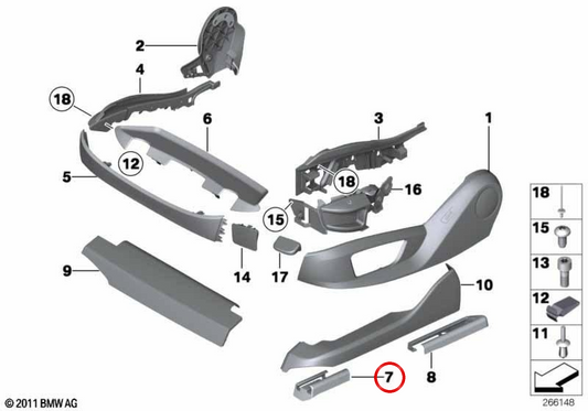 Tampa de acabamento do trilho do assento dianteiro esquerdo OEM 52107340335 para BMW F07, F10, F11, F01, F02. BMW genuíno.