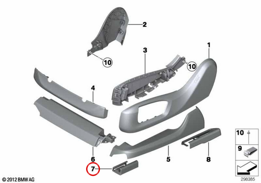 Cubierta embellecedora de guía de asiento delantero izquierdo OEM 52107340337 para BMW F07, F10, F11, F01, F02. Original BMW.