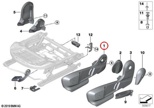 Embellédor droit du mécanisme de réglage du siège 52107351926 pour BMW F40, F44, F45, F46, F48, F39. BMW d'origine.
