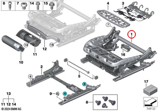 Estructura de asiento eléctrico izquierdo OEM 52107363143 para BMW F90, G30, G31, G32, G11, G12. Original BMW.
