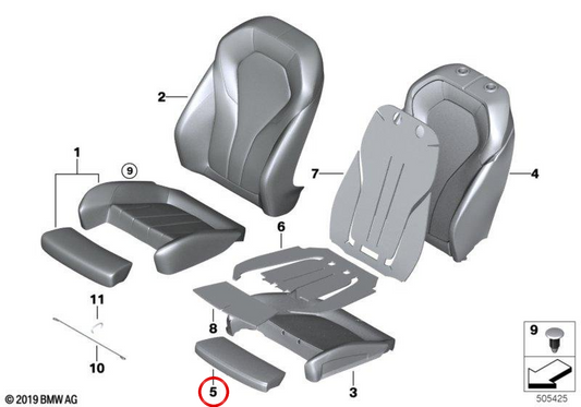 Espuma de soporte para muslo OEM 52107387708 para BMW F90, G30, G31, G32. Original BMW.