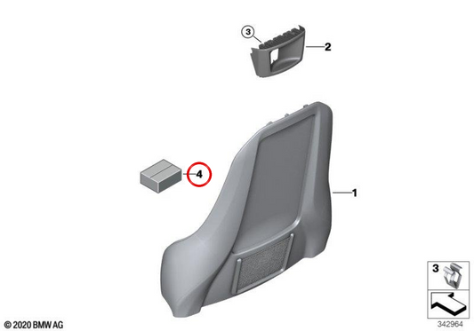 Kit de fijación respaldo asiento OEM 52107399319 para BMW i3 (I01) e i8 (I12). Original BMW.