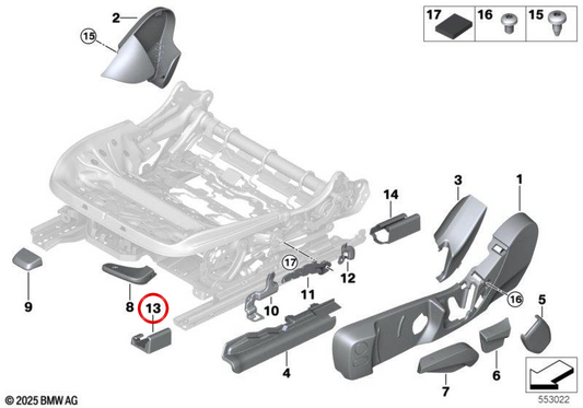 OEM 52107448268 Tampa de acabamento externo do trilho do assento direito para BMW G42, G87, G20, G21, G28, G80, G81, G22, G23, G26, G82, G83. BMW genuíno.