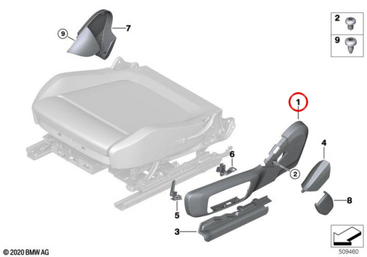 Embellecedor exterior izquierdo asiento eléctrico OEM 52107469667 para BMW G20, G21, G28, G26, G01, G08, F97, G02, F98. Original BMW.