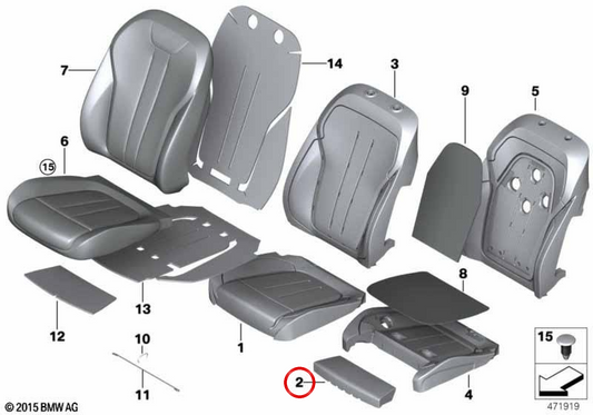 Cojín de apoyo para muslo OEM 52107478179 para BMW G30, G31, G32, G11, G12. Original BMW.