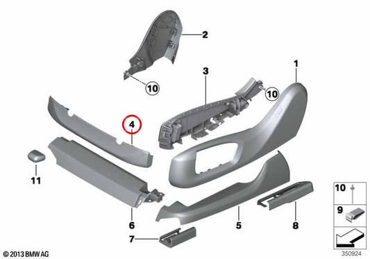 Cubierta de asiento eléctrico delantero para BMW X5 F95, G05, G05N, X6 F96, G06, G06N, X7 G07, G07N (OEM 52107493061). Original BMW.