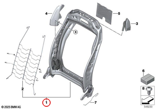 Estructura de respaldo izquierda OEM 52107911655 para BMW F70, U06, U11, U10, F65, U25. Original BMW.