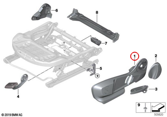 Tampa externa do assento esquerdo OEM 52107949713 para BMW F40, F44. BMW genuíno.