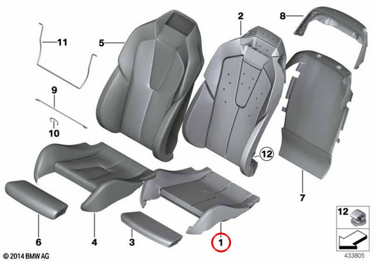 Cojín de asiento confort con climatización derecho OEM 52108055490 para BMW F06, F12, F13. Original BMW.
