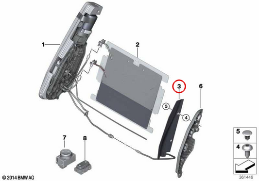 Ajuste de ancho del respaldo (lado túnel) OEM 52108058224 para BMW F87, F80, F82. Original BMW.