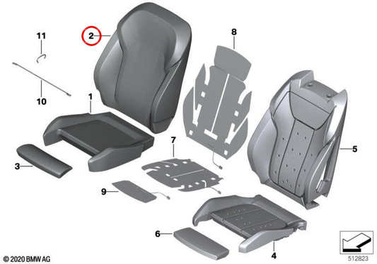 Capa de encosto de assento esportivo de couro direito OEM 52108079518 para BMW G20, G21, G26, G01, G02. BMW genuíno.
