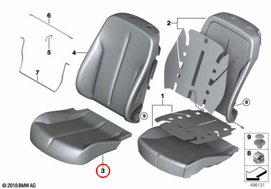 Capa de assento base em couro direito OEM 52108492368 para BMW F33. BMW genuíno.