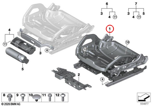 Struttura del sedile sportivo elettrico OEM 52108746219 per BMW G87, G82, G83, F91, F92. BMW originale.