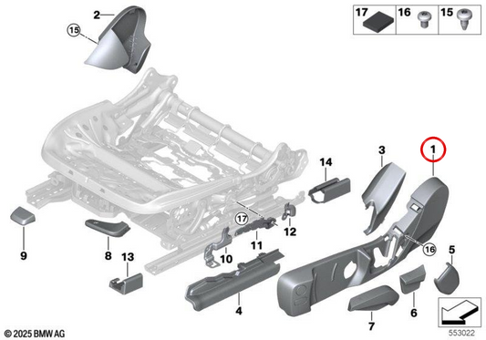 Acabamento externo direito do assento OEM 52109493042 para BMW G20, G21, G26. BMW genuíno.