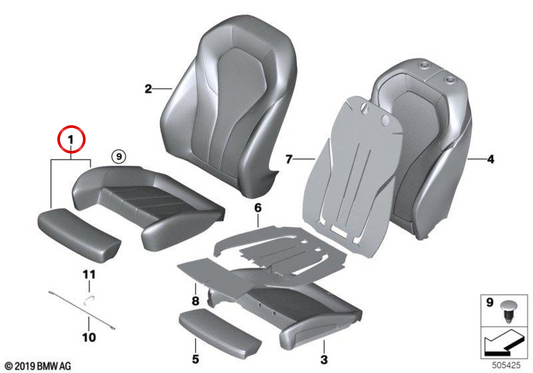 Capa de assento esportivo em couro sintético OEM 52109870334 para BMW G30, G31. BMW genuíno.