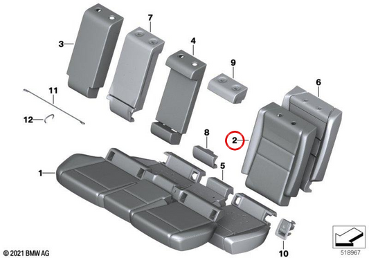 Capa direita do encosto em tecido OEM 52205A1D224 para BMW U06, U11, U10. BMW genuíno.