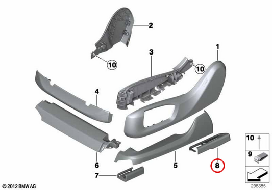 Coperchio di cofano posteriore sinistro della corsia di sedile OEM 52207340357 per BMW F07, F10, F11, F01, F02. BMW originale.