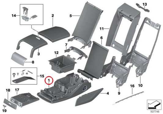 Apoio de braço inferior de couro OEM 52207440532 para BMW G11, G12. BMW genuíno.