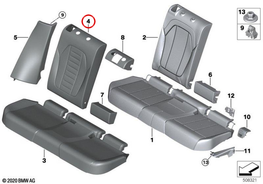 Funda de respaldo de cuero izquierda OEM 52207472919 para BMW G01, F97, G02, F98. Original BMW.
