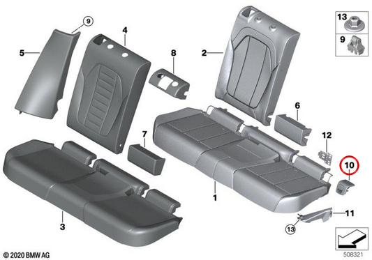 Cubierta ISOFIX central OEM 52207474105 para BMW G01, G02. Original BMW.