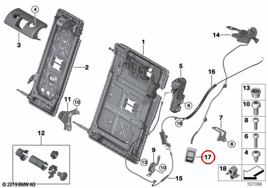 Mecanismo de desbloqueo del respaldo OEM 52207482057 para BMW G01, G08, F97, G02, F98. Original BMW.