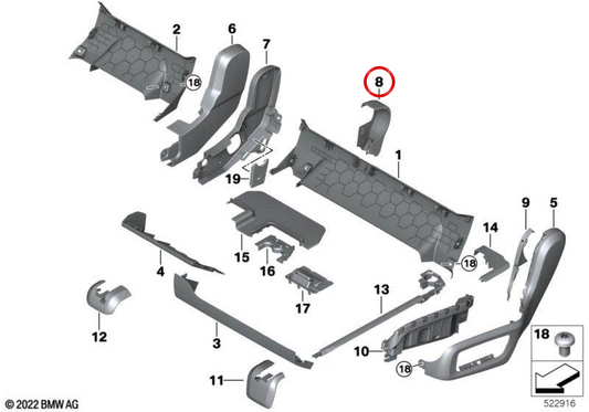 Tampa reclinável traseira OEM 52207955883 para BMW G05, G07. BMW genuíno.