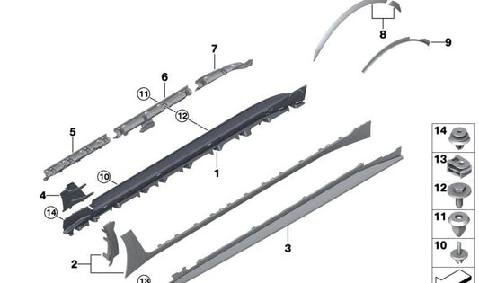 Moldura lateral izquierda brillante OEM 51775A360E5 para BMW G26 (420d, 420i, 430d, versiones xDrive y estándar). Original BMW.