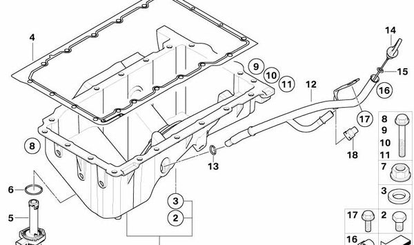 Tubo guía de varilla de aceite OEM 11437551713 para BMW X3 E83, E83N. Original BMW.