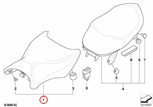 Asiento calefactable delantero negro OEM 52537704830 para motos BMW K1200 GT, K1300 GT. Original BMW Motorrad.