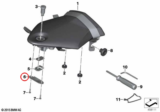 Passenger seat locking plate OEM 52537720798 for BMW S1000RR, HP4 motorcycles. Original BMW Motorrad.