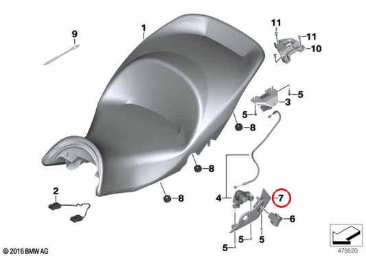 Pistone cilindrico di chiusura del sedile posteriore OEM 52537728243 per moto BMW K1600 GT e K1600 GTL (K48). Originale BMW Motorrad.