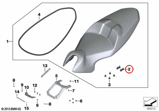 Elemento de goma de asiento OEM 52538527115 para motos BMW C 600 Sport, C 650 Sport, C 650 GT... y más. Original BMW Motorrad.