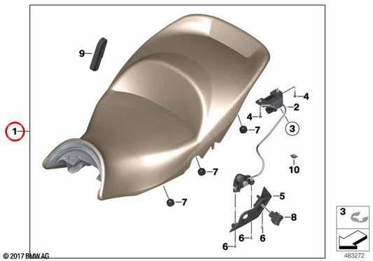 Asiento alto de una pieza marrón OEM 52539829799 para BMW K 1600 GT, K 1600 GTL. Original BMW Motorrad.