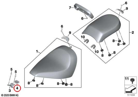 Elemento de desacoplamiento del banco del asiento OEM 52539899406 para motos BMW R 18, R 18 Classic, R 18 Roctane, R 18 B, R 18 Transcontinental... y más. Original BMW Motorrad