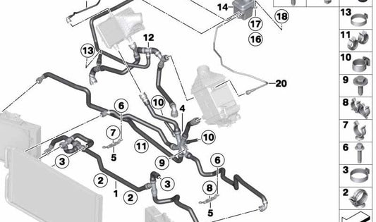 Suporte de mangueira de líquido de arrefecimento para BMW Série 5 F10, Série 6 F06, F06N, F12, F12N, F13, F13N (OEM 17127846202). BMW original