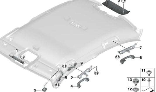 Soporte trasero izquierdo para asa del techo OEM 51167433253 para BMW G20, G20N, G28N, G80, G80N. Recambio original BMW.