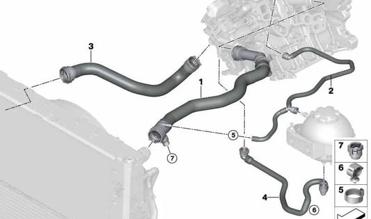 Manguera de radiador OEM 17127635794 para BMW F20, F21, F22, F23, F30, F31, F32, F36. Original BMW.