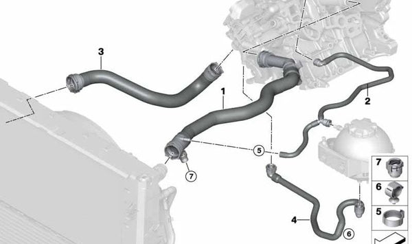 Manguera de radiador OEM 17127635794 para BMW F20, F21, F22, F23, F30, F31, F32, F36. Original BMW.