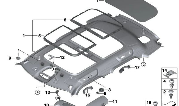 Tapa embellecedora del techo interior OEM 51447375212 para MINI F54, F55, F56, F60, F65, F66. Color gris satélite. Original MINI.