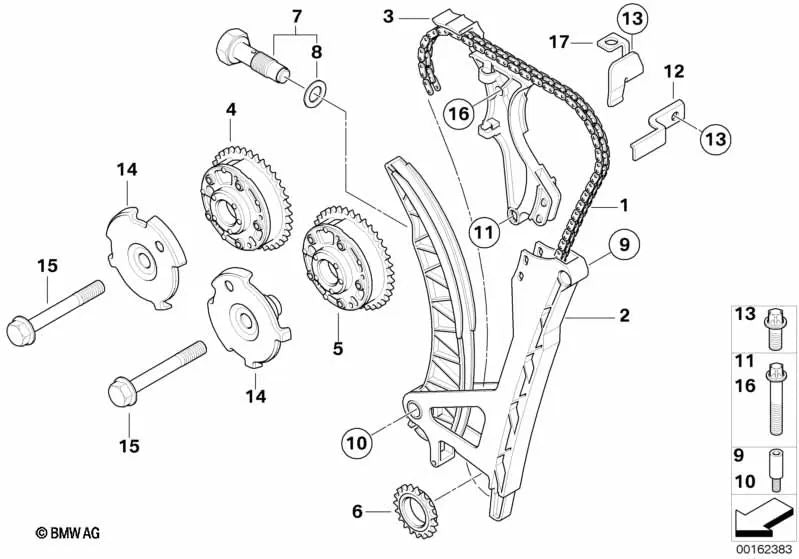 Screw with fixed washer for BMW E81, E82, E87, E87N, E88, E46, E90, E90N, E91, E91N, E92, E92N, E93, E93N, E60N, E61N, E84, E83, E83N, E85 (OEM 11367500574). Original BMW.