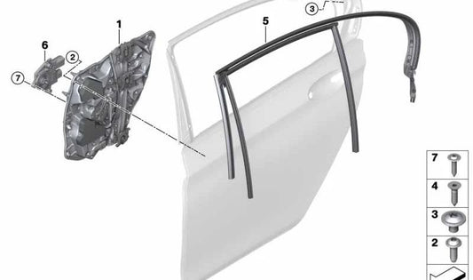 Guía de ventana puerta trasera derecha OEM 51359481274 para BMW G11, G11N. Original BMW.