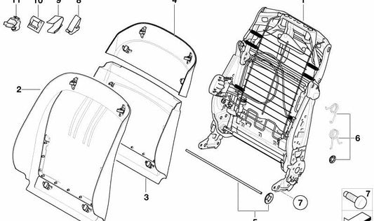 Estructura respaldo asiento confort OEM 52109113106 para BMW E60, E60N, E61, E61N, E65, E66. Repuesto original BMW.