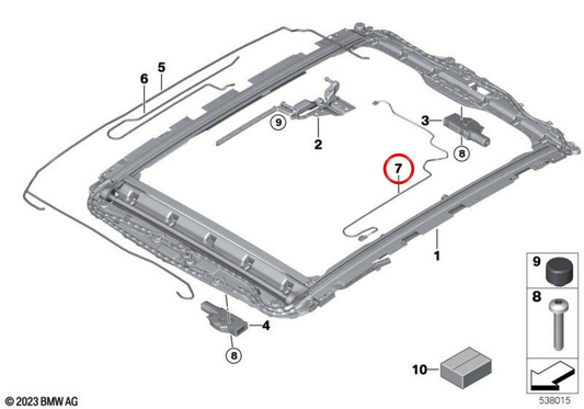 Left panoramic sunblind wiring harness OEM 54105A70651 for BMW 5 Series G68, 525Li, 530Li, i5 eDrive35L, i5 eDrive40L, i5 xDrive50L. Genuine BMW