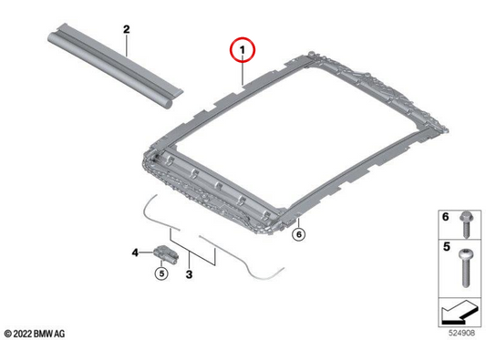 OEM-Rahmen für Panoramadach-Sonnenrollo 54105A70655 für BMW 5er G68 525Li, 530Li, i5 eDrive35L, i5 eDrive40L, i5 xDrive50L. Original BMW
