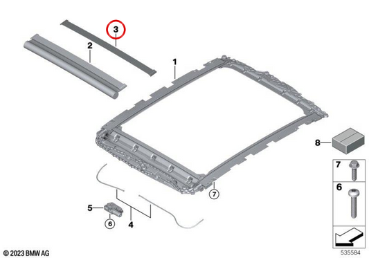 Cache enrouleur pour store de toit panoramique OEM 54105A96A68 pour BMW Série 5 G60 et M5 G90. BMW d'origine