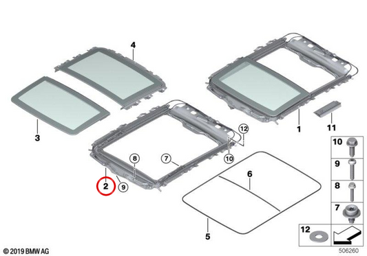 Marco de techo panorámico eléctrico OEM 54107237586 para BMW Serie 5 Gran Turismo F07 y F07 LCI. Original BMW