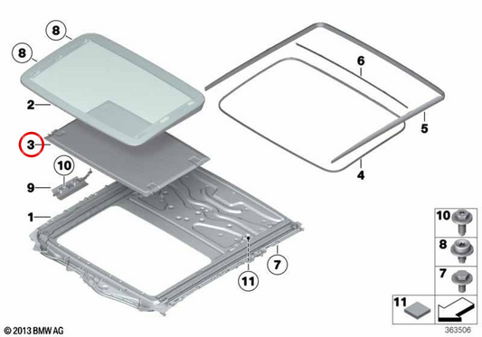 Teto solar panorâmico OEM 54107255617 para BMW F10, F11, F16. BMW genuíno.