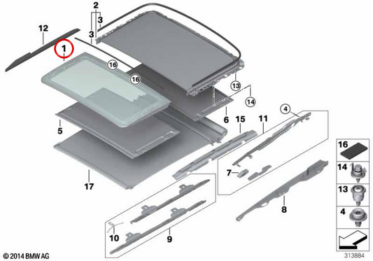 Cristal de techo delantero OEM 54107288524 para BMW F34 (Serie 3 Gran Turismo). Original BMW