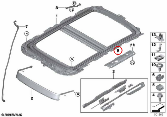 Rinforzo destro del tetto panoramico OEM 54107329494 per MINI F55, F55 LCI, F65. MINI Originale